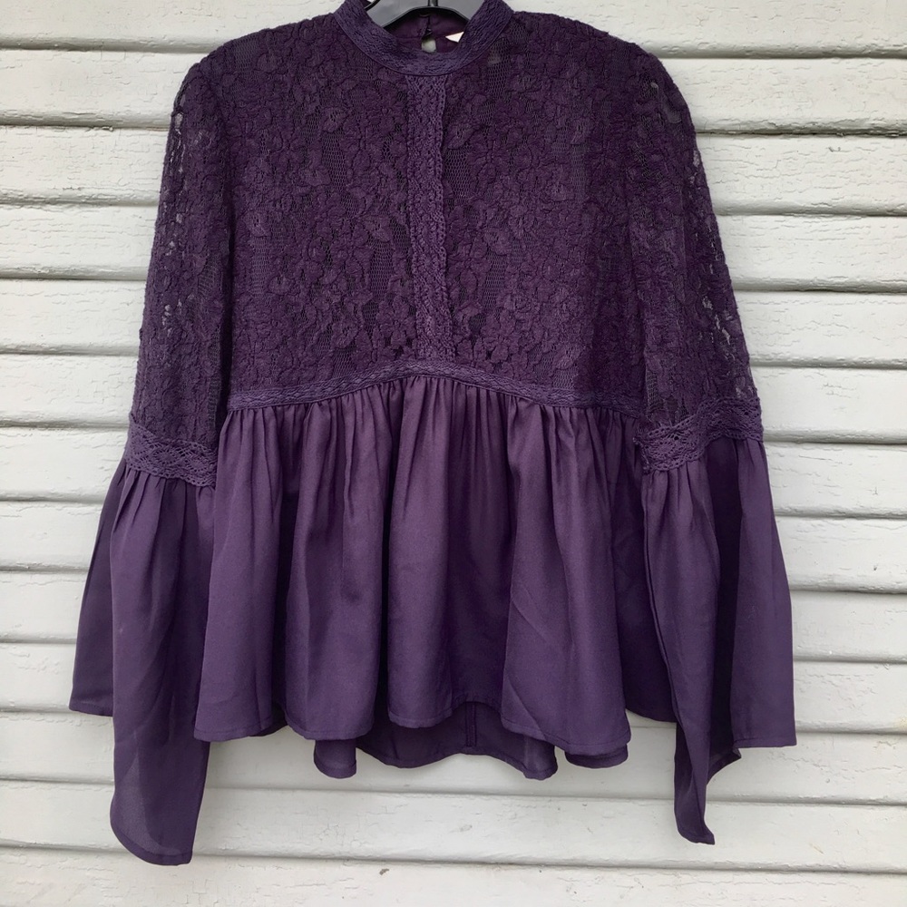 Sun & Shadow Lace Inset peplum purple top